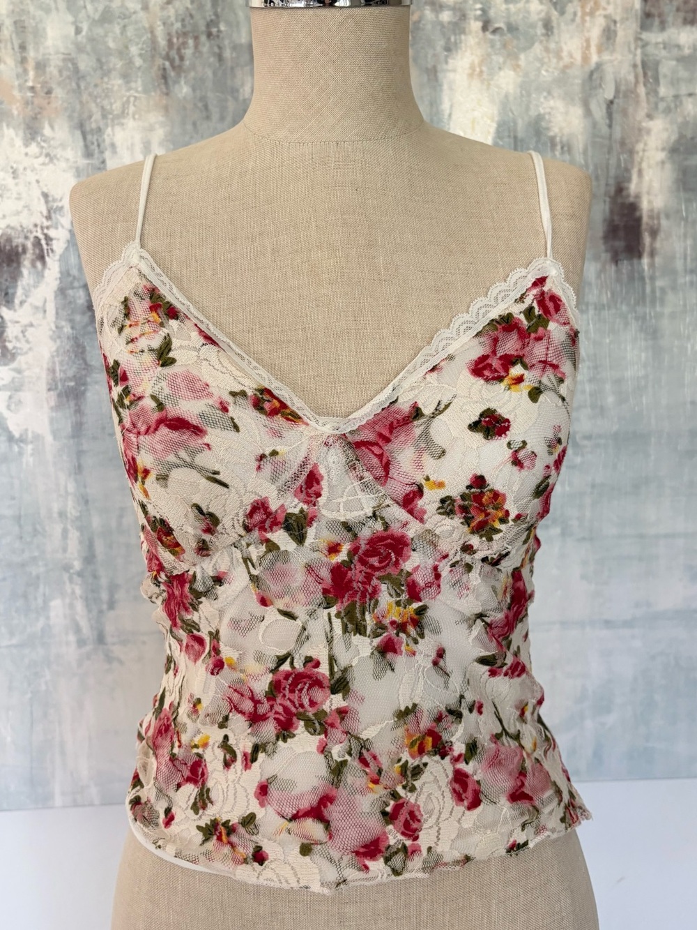 Vibe Floral Lace Sheer Cami - White with Pink and Green Print